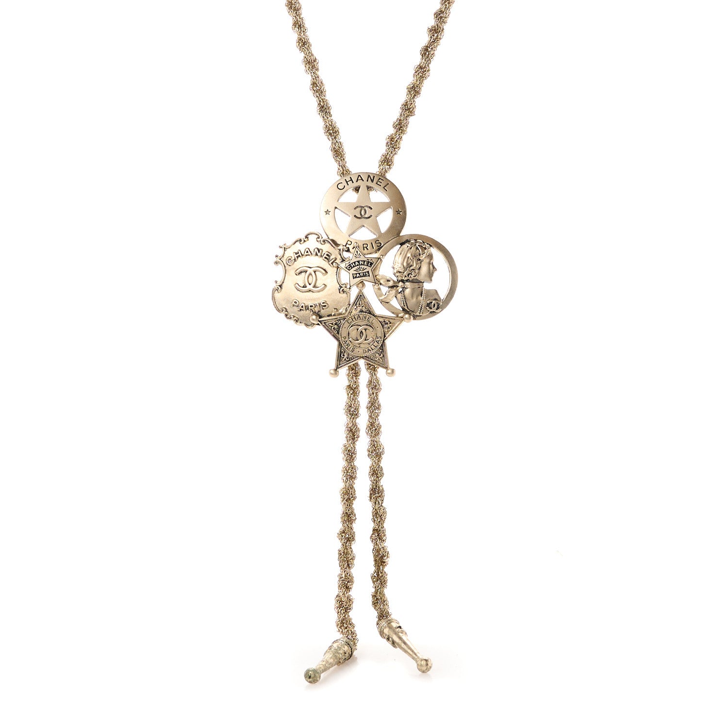 Chanel Metal Paris Dallas CC Sheriff Badge Star Bolo Necklace Gold 1 of 6