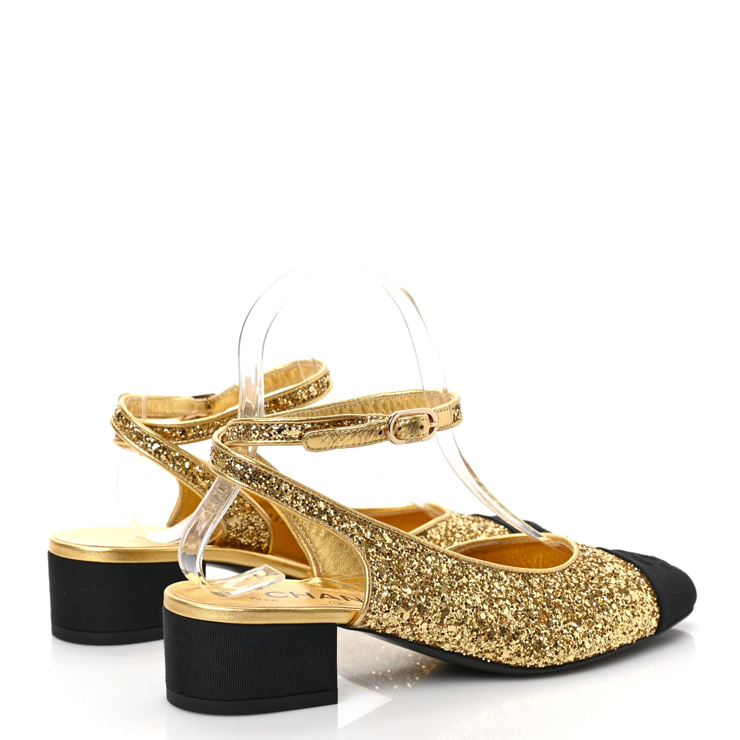Chanel Glitter Grosgrain Cap Toe CC Slingback Pumps 36.5 Gold Black 4 of 8