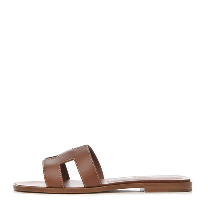 Hermes Box Calfskin Oran Sandals 37.5 Gold 1 of 13