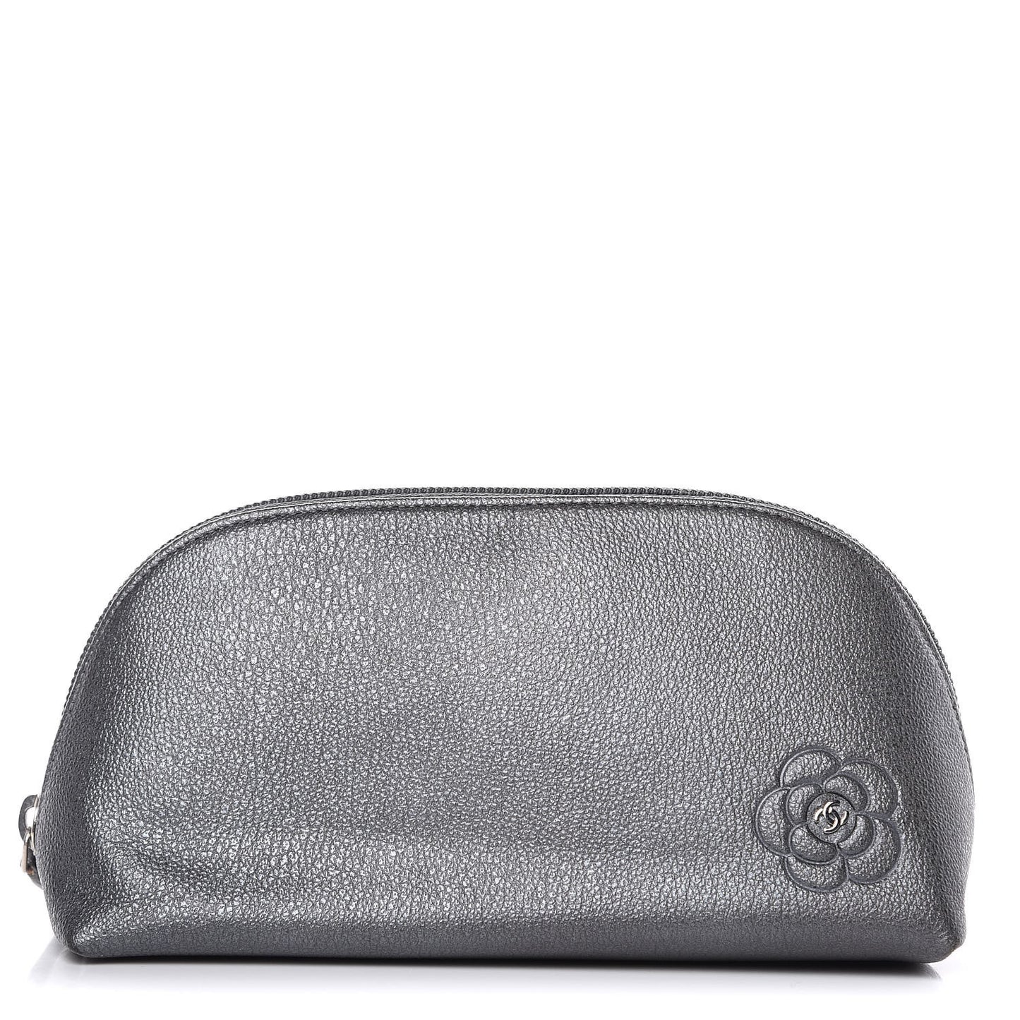 Goatskin Camellia Embossed Cosmetic Case Dark Grey