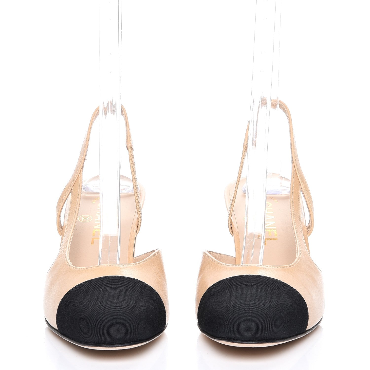 Chanel Goatskin Grosgrain Cap Toe CC Slingback Sandals 39 Beige Black 2 of 8