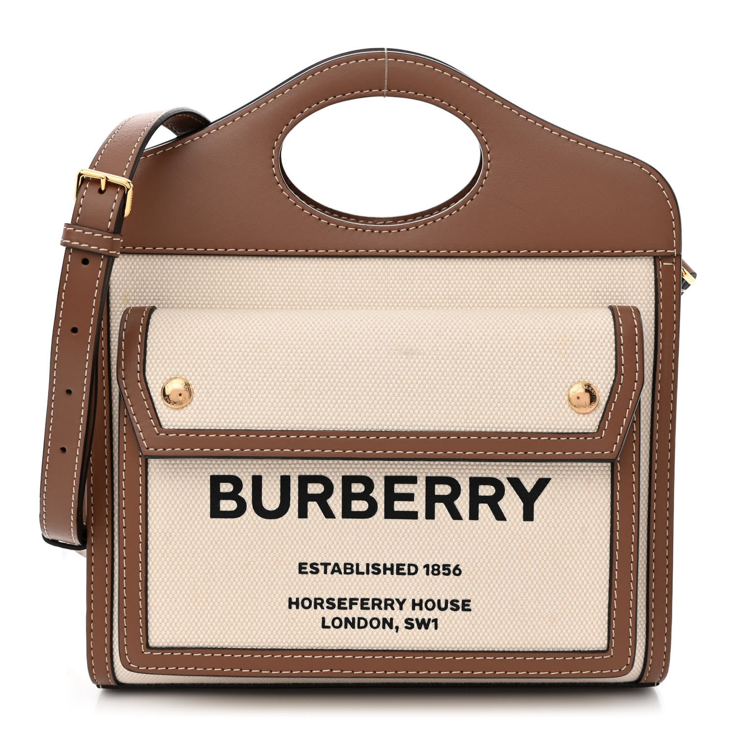 Burberry Canvas Smooth Calfskin Two Tone Mini Pocket Bag Natural Malt Brown 1 of 13