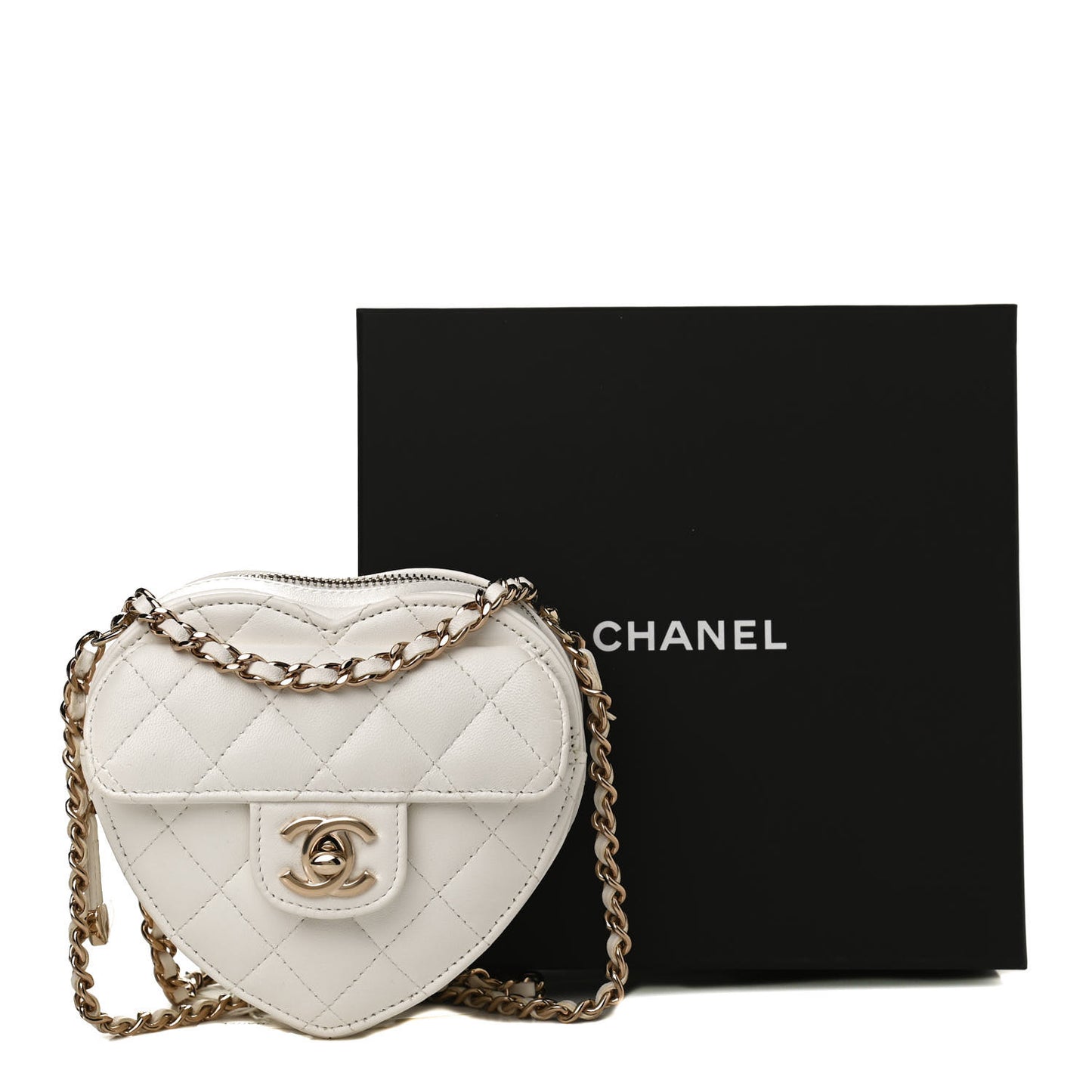 Lambskin Quilted CC In Love Heart Clutch With Chain White