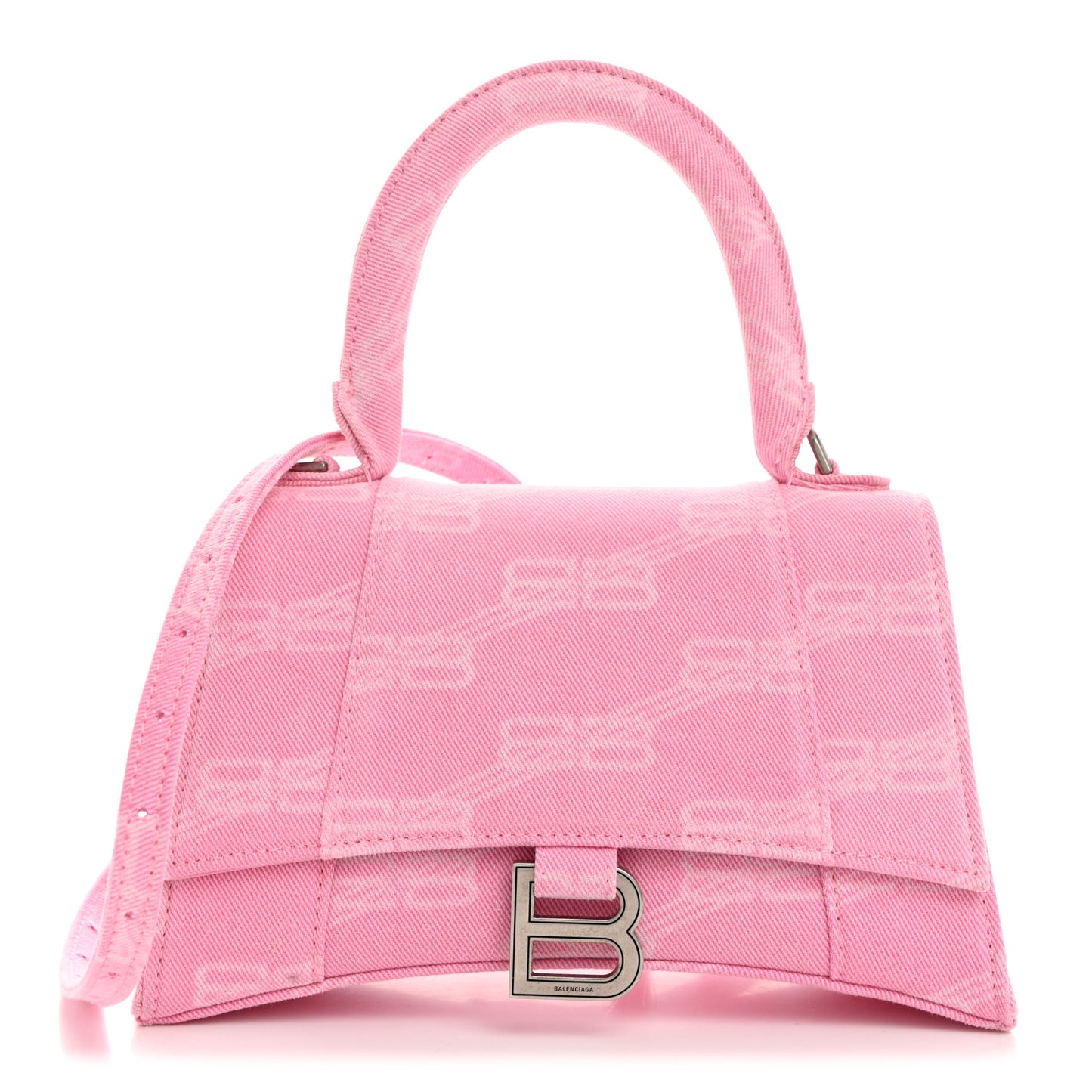 Washed Denim BB Monogram Hourglass Top Handle Bag Small Pink