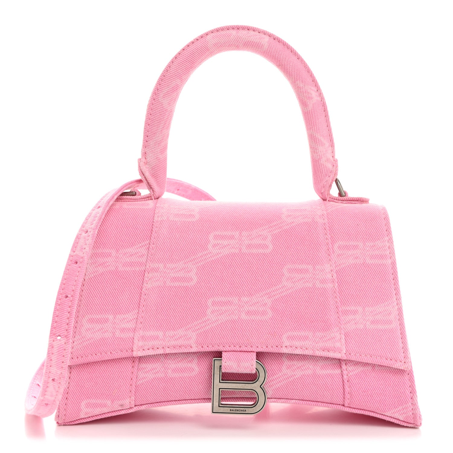 Balenciaga Washed Denim BB Monogram Hourglass Top Handle Bag Small Pink 1 of 12