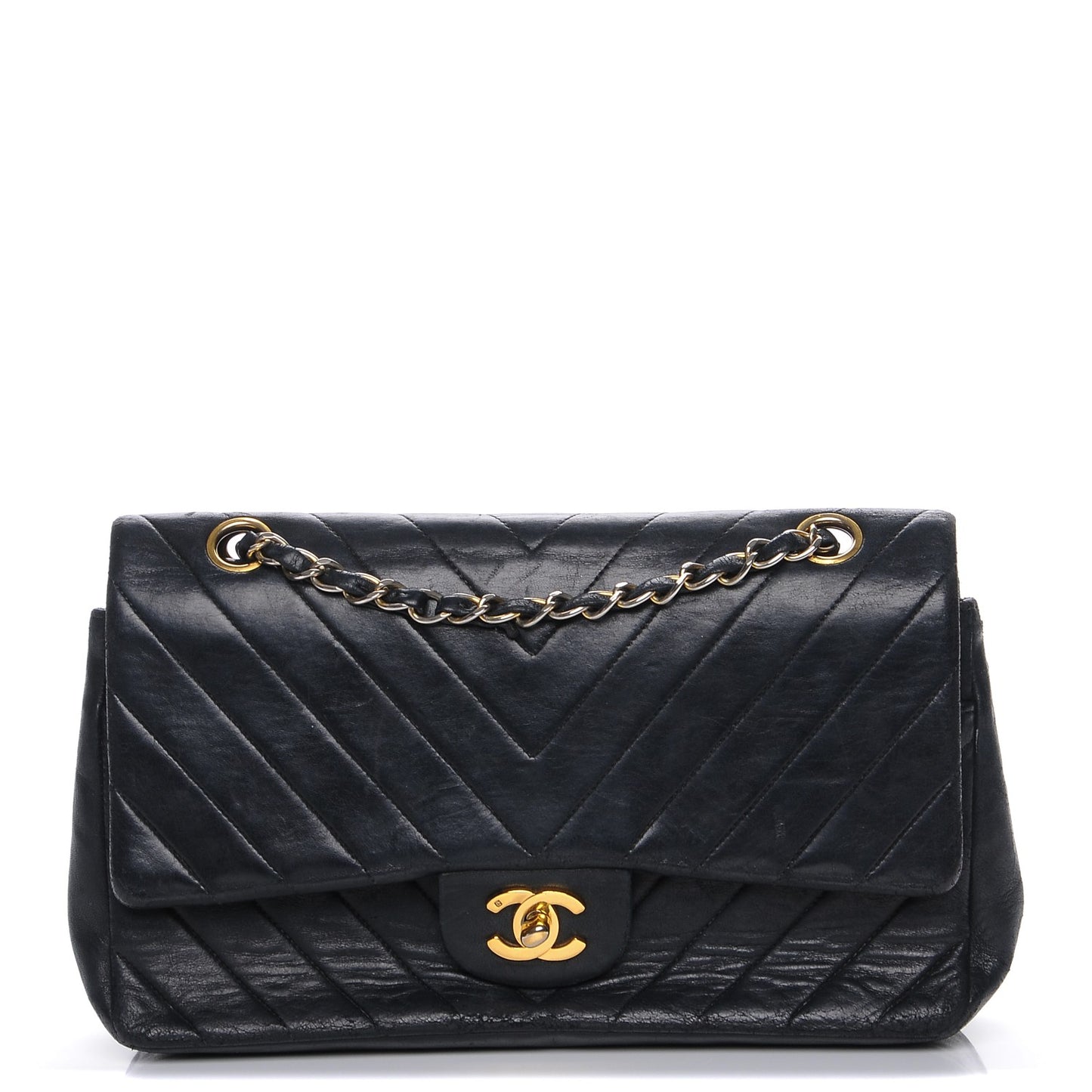 Lambskin Chevron Quilted Medium Double Flap Black