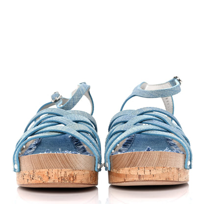 Chanel Fantasy Calfskin Denim Pearl Cork Sandals 39 Blue 2 of 9