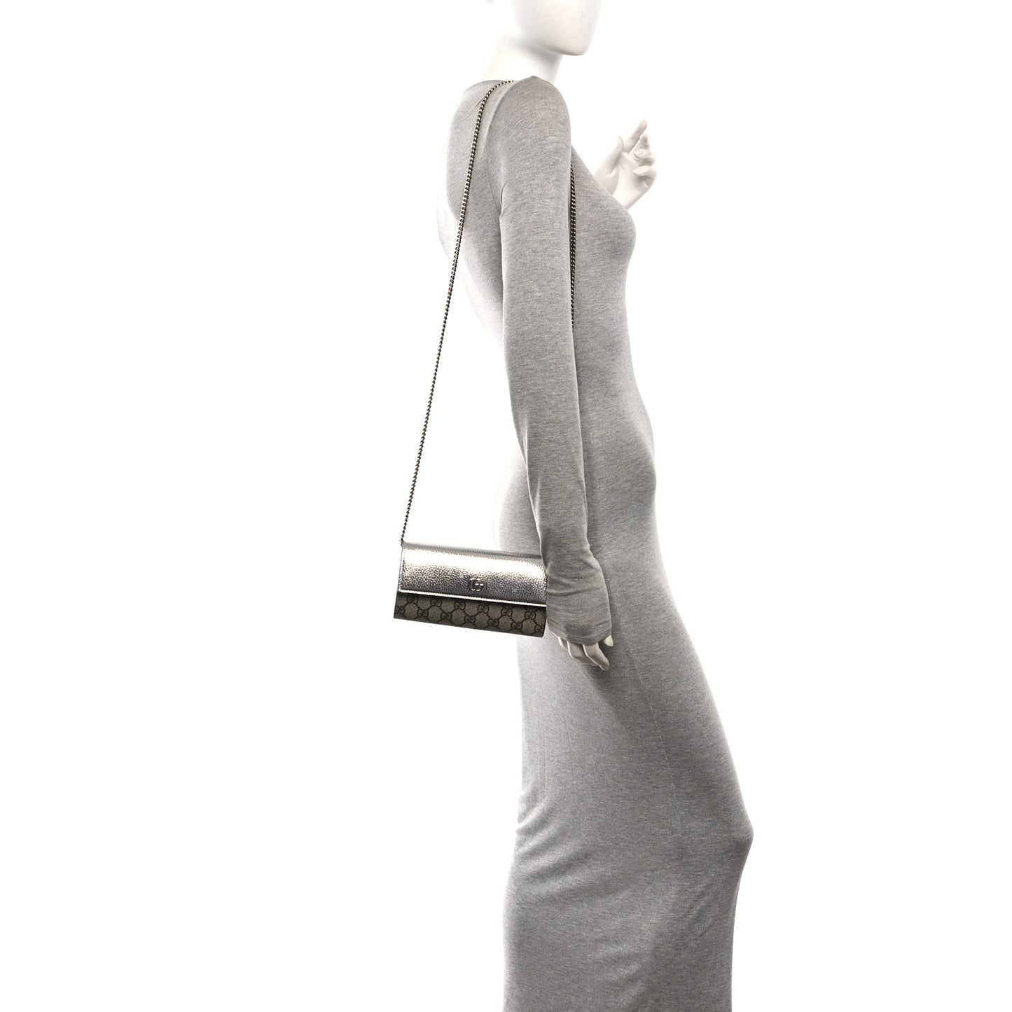 Metallic Calfskin GG Supreme Monogram Petite GG Marmont Wallet Chain Bag Silver Beige Ebony
