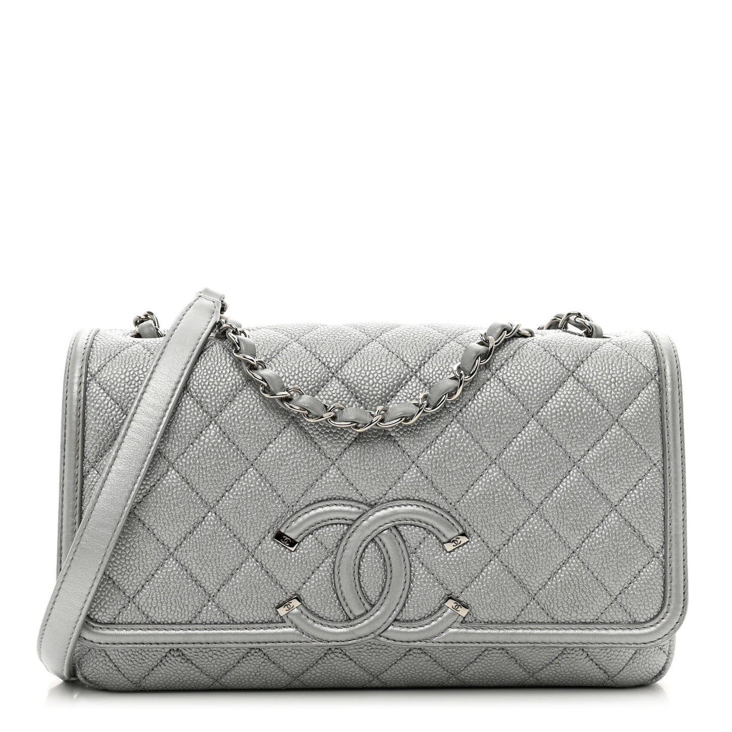 Metallic Caviar Quilted Medium CC Filigree Flap Silver
