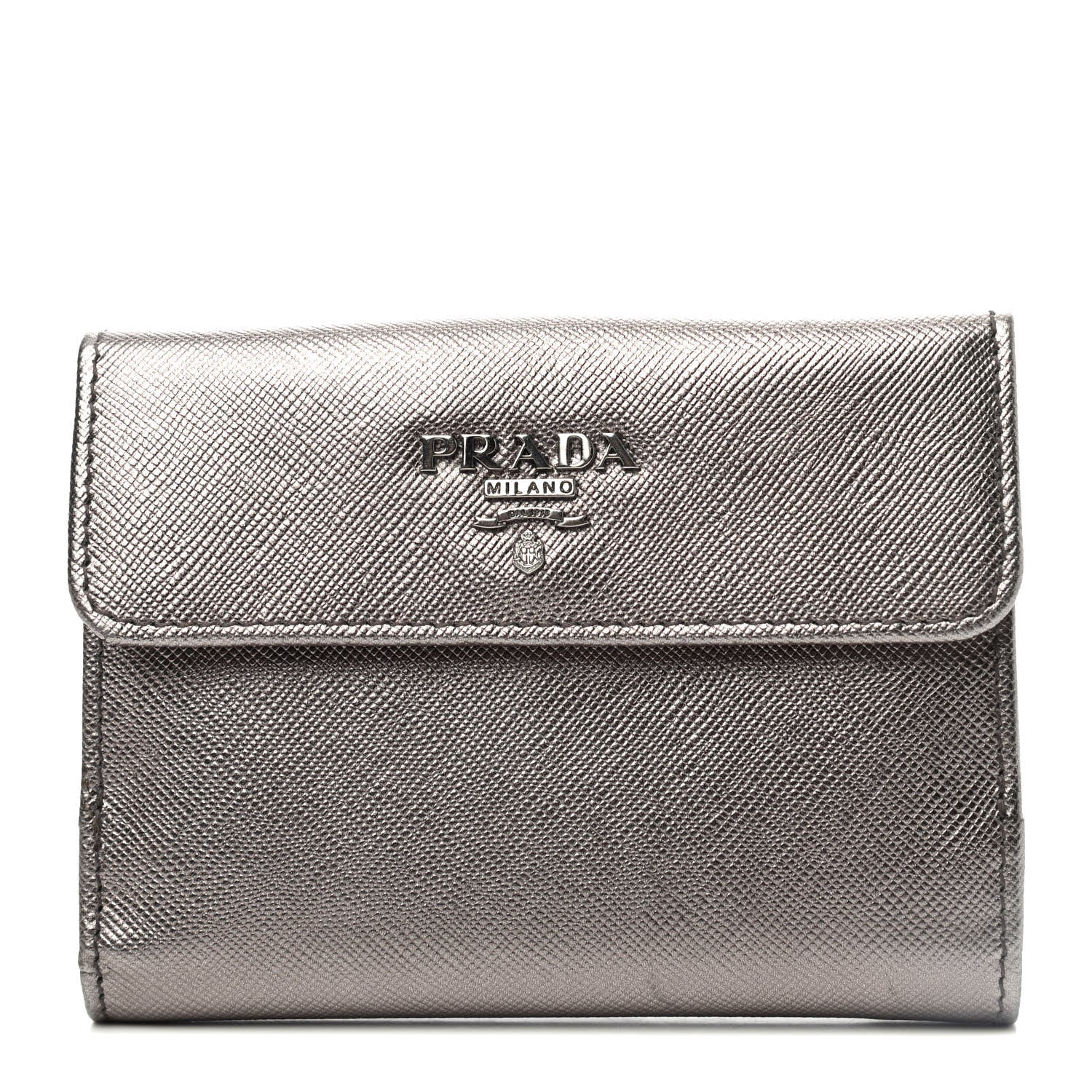 Prada Metallic Saffiano Compact Flap Wallet Fumo Mordore 1 of 4