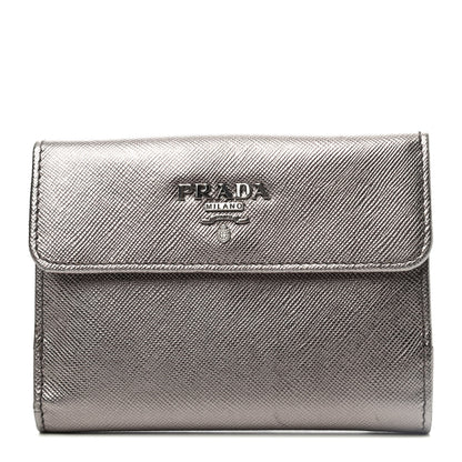 Prada Metallic Saffiano Compact Flap Wallet Fumo Mordore 1 of 4