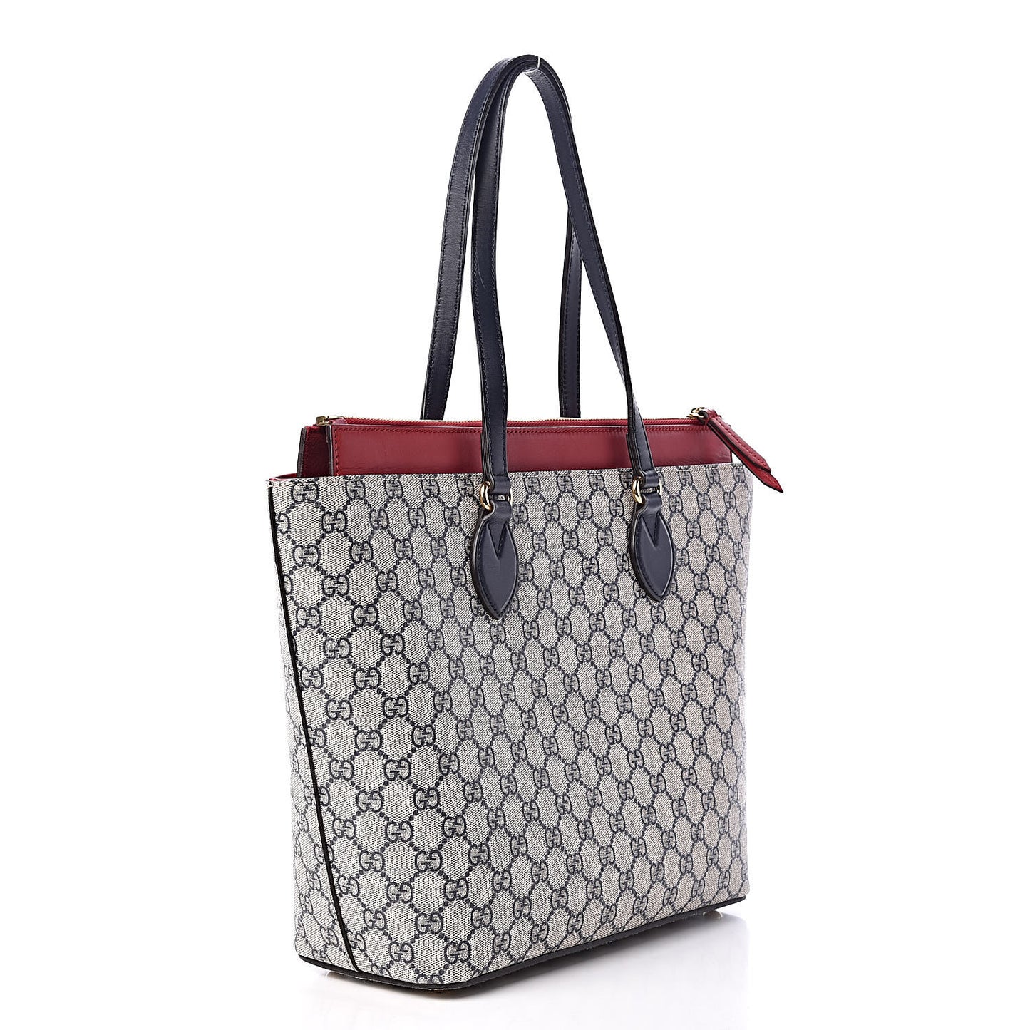 GG Supreme Monogram Medium Zippered Bucket Tote Beige Blue Hibiscus Red