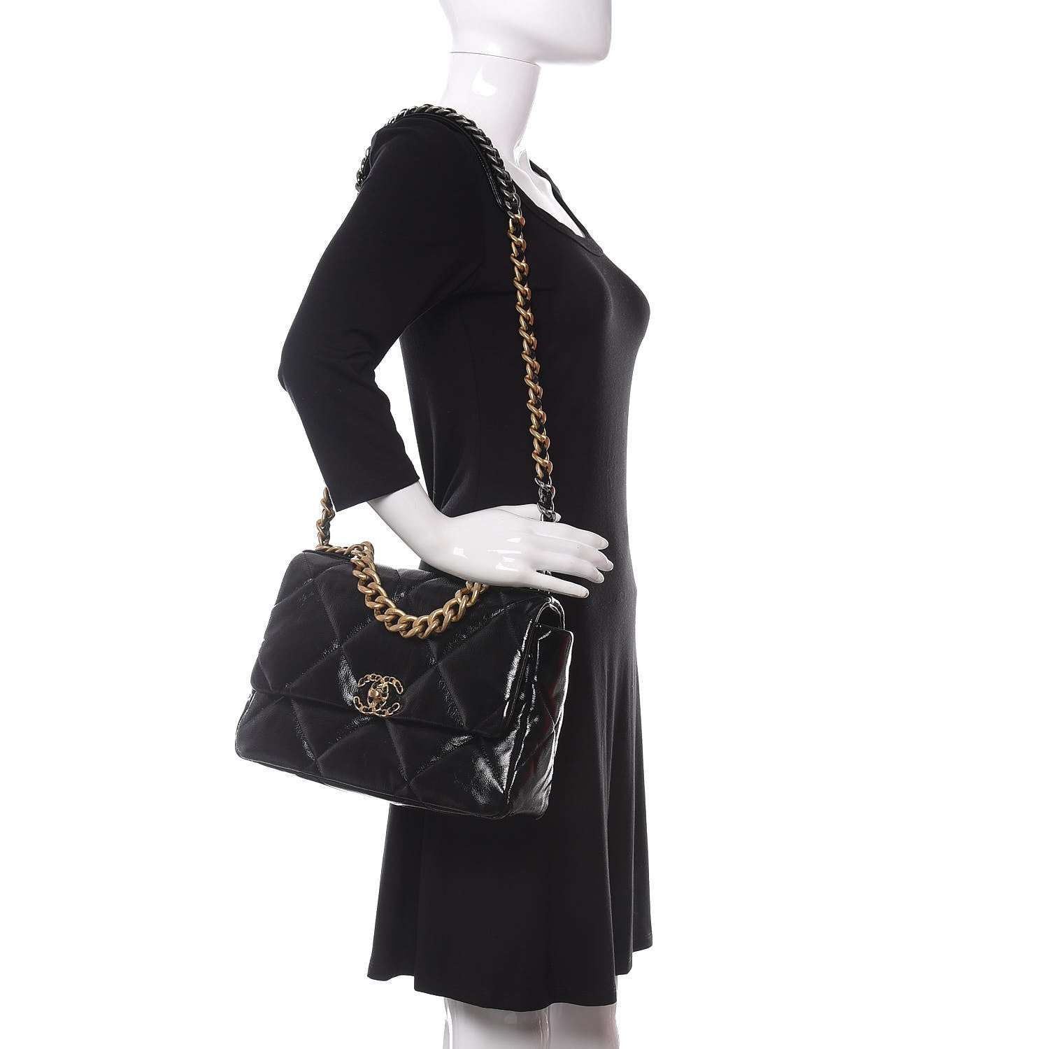 Chanel Shiny Crumpled Calfskin Quilted Large 19 Flap Black 2 of 9