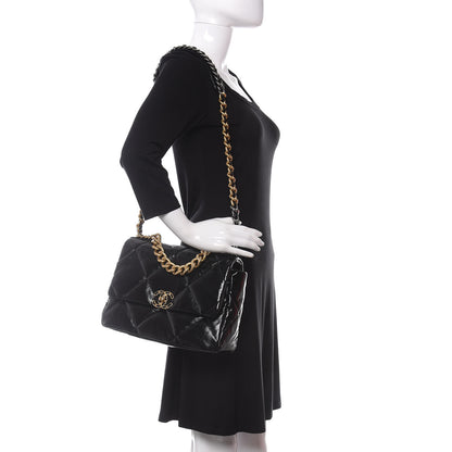 Chanel Shiny Crumpled Calfskin Quilted Large 19 Flap Black 2 of 9