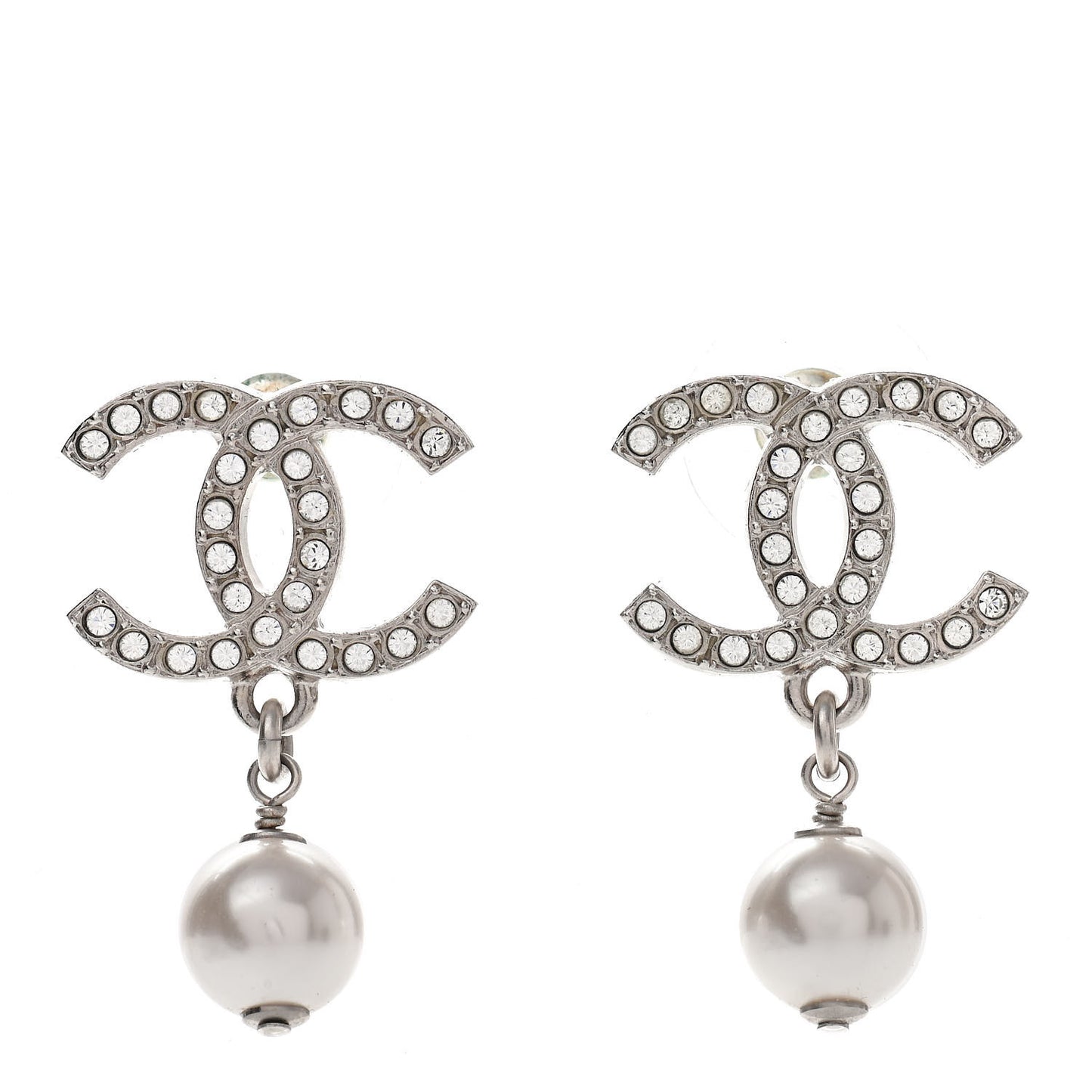 Crystal Pearl CC Drop Earrings Silver Pearly White