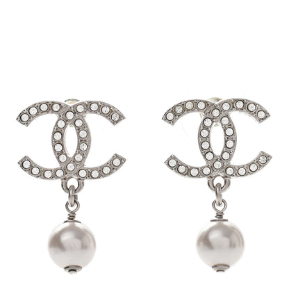 Chanel Crystal Pearl CC Drop Earrings Silver Pearly White 1 of 5