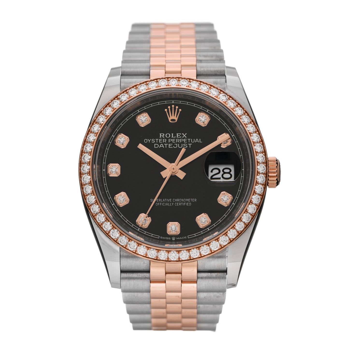 Stainless Steel 18K Everose Gold Diamond Bezel 36mm Oyster Perpetual Datejust Watch Black 126281RBR