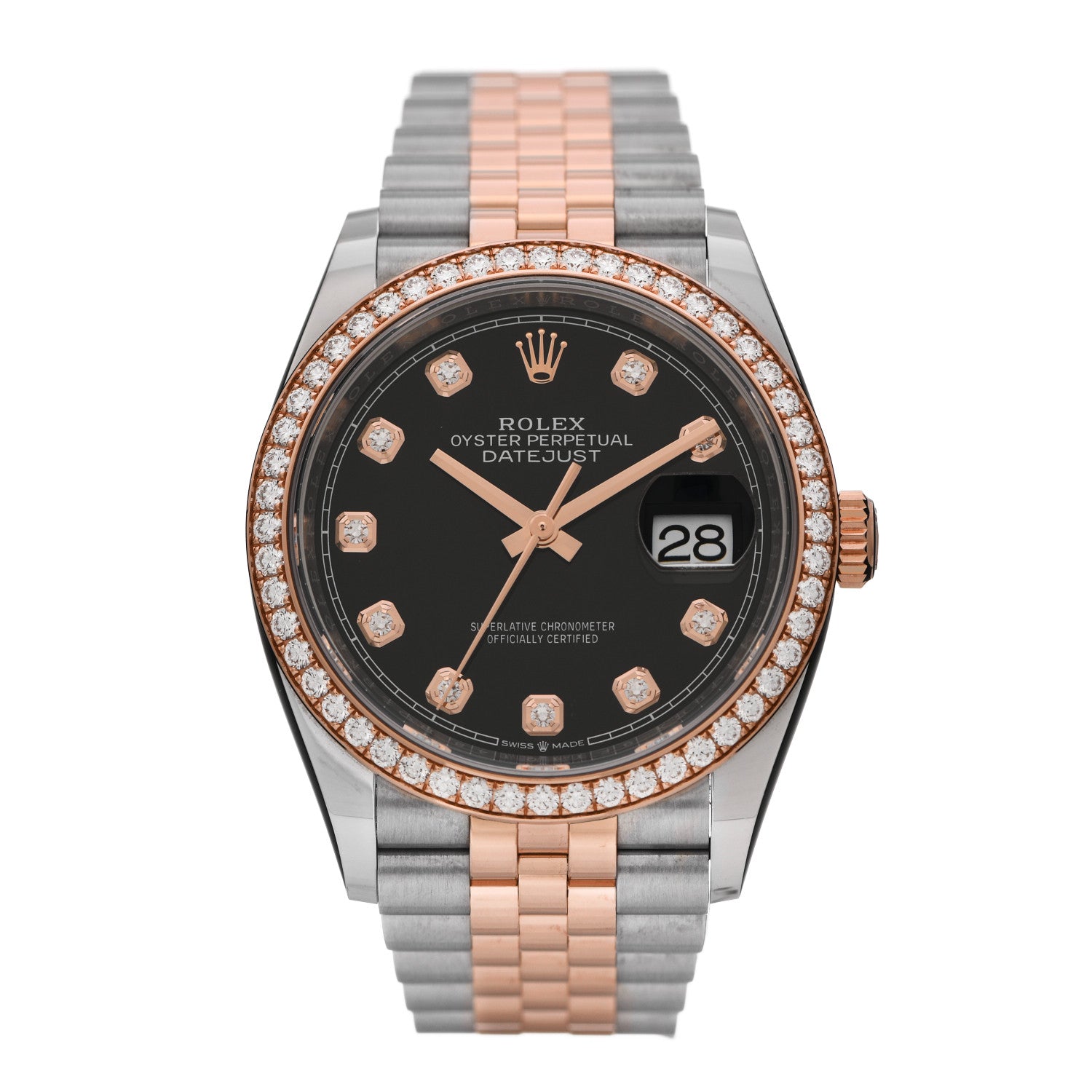 Rolex Stainless Steel 18K Everose Gold Diamond Bezel 36mm Oyster Perpetual Datejust Watch Black 126281RBR 1 of 5