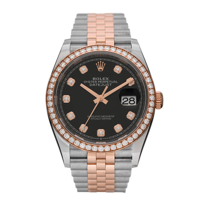 Rolex Stainless Steel 18K Everose Gold Diamond Bezel 36mm Oyster Perpetual Datejust Watch Black 126281RBR 1 of 5