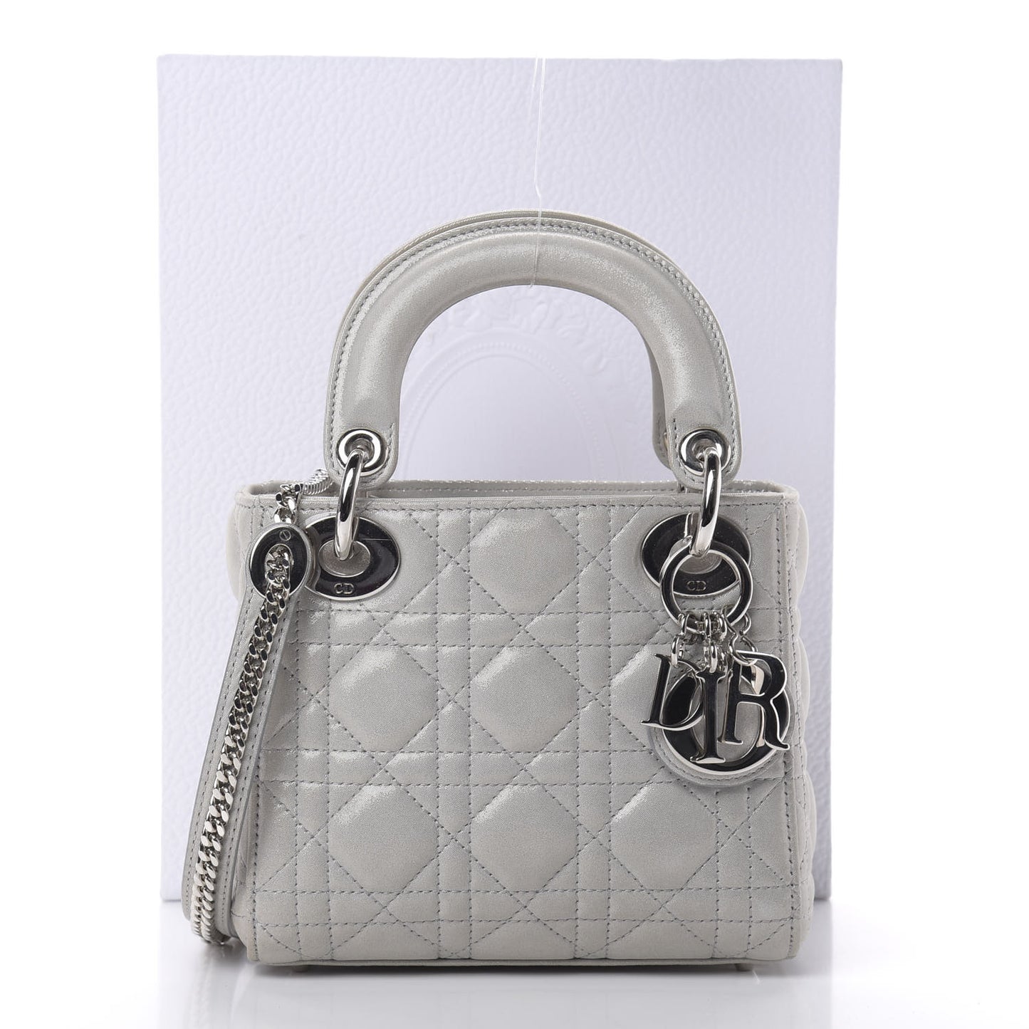 Metallic Lambskin Cannage Mini Lady Dior Silver