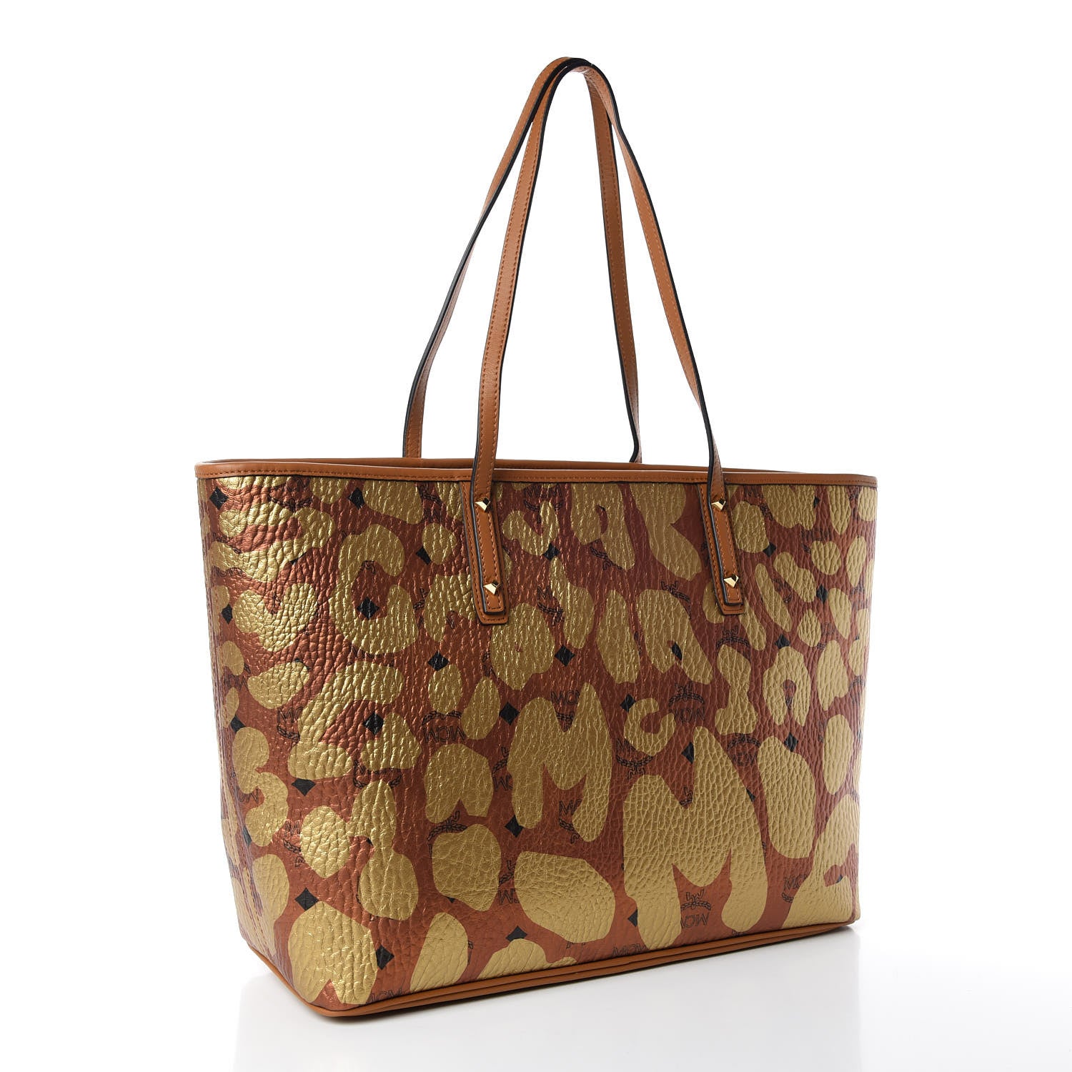 MCM Visetos Metallic Leopard Print Medium Anya Shopper Tote Cognac 4 of 10