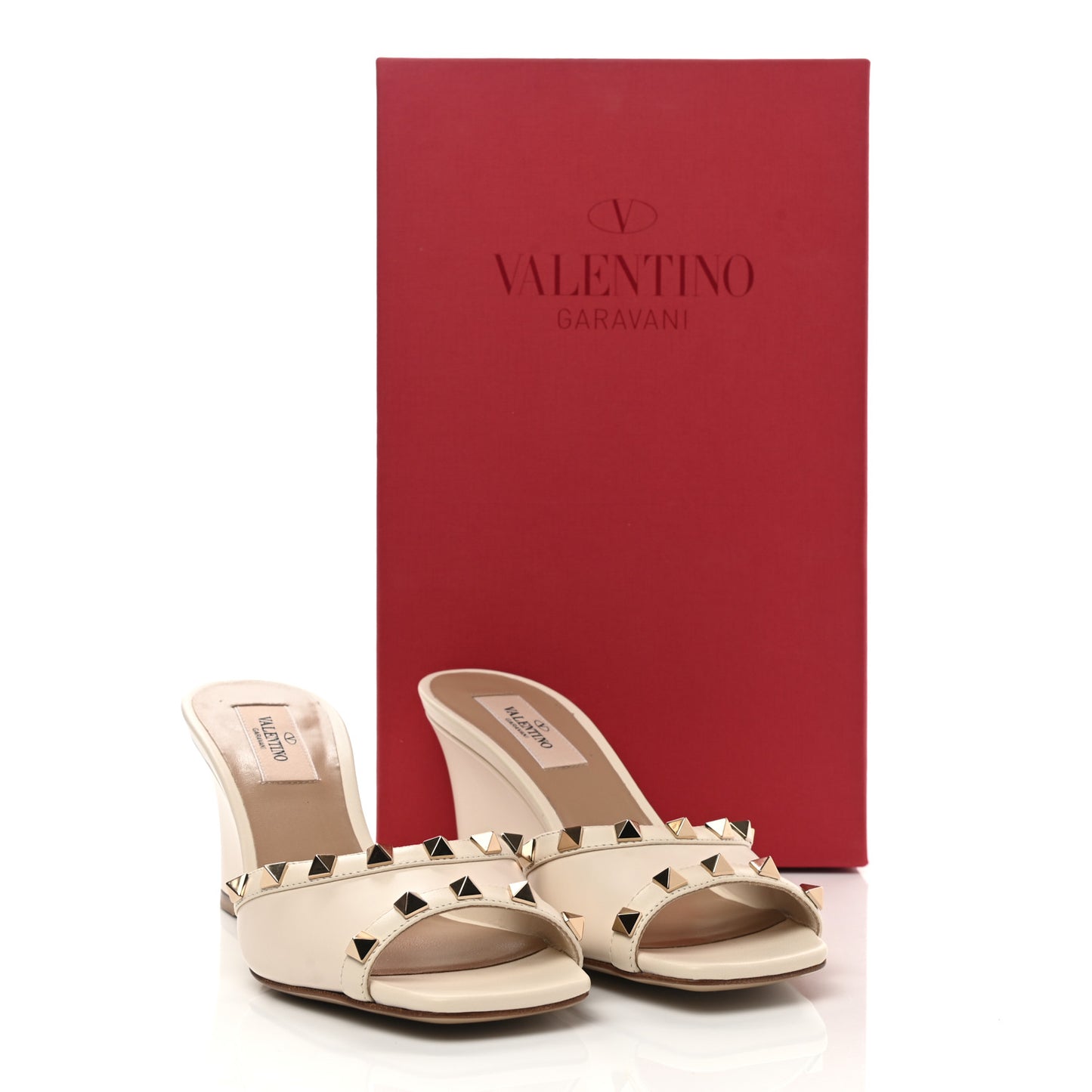 Calfskin Nappa Rockstud Wedge Sandals 36 Light Ivory