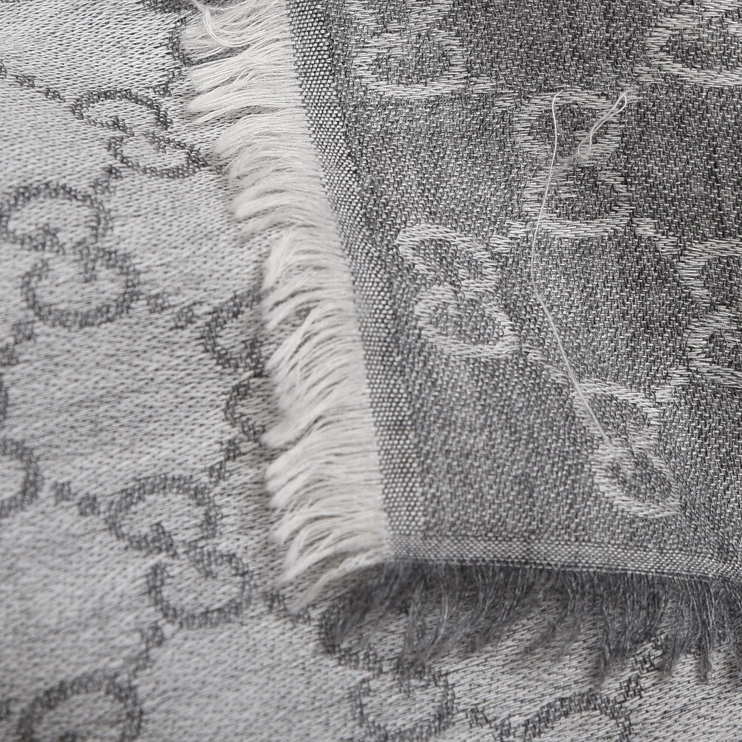 Gucci Wool Silk Monogram GGWeb Fringe Shawl Pearl Medium Grey 5 of 7