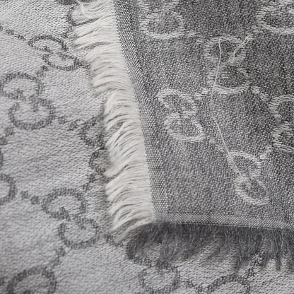 Gucci Wool Silk Monogram GGWeb Fringe Shawl Pearl Medium Grey 5 of 7