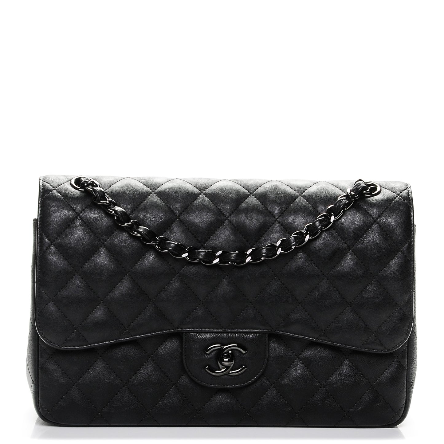 Crumpled Calfskin Quilted Jumbo Double Flap So Black