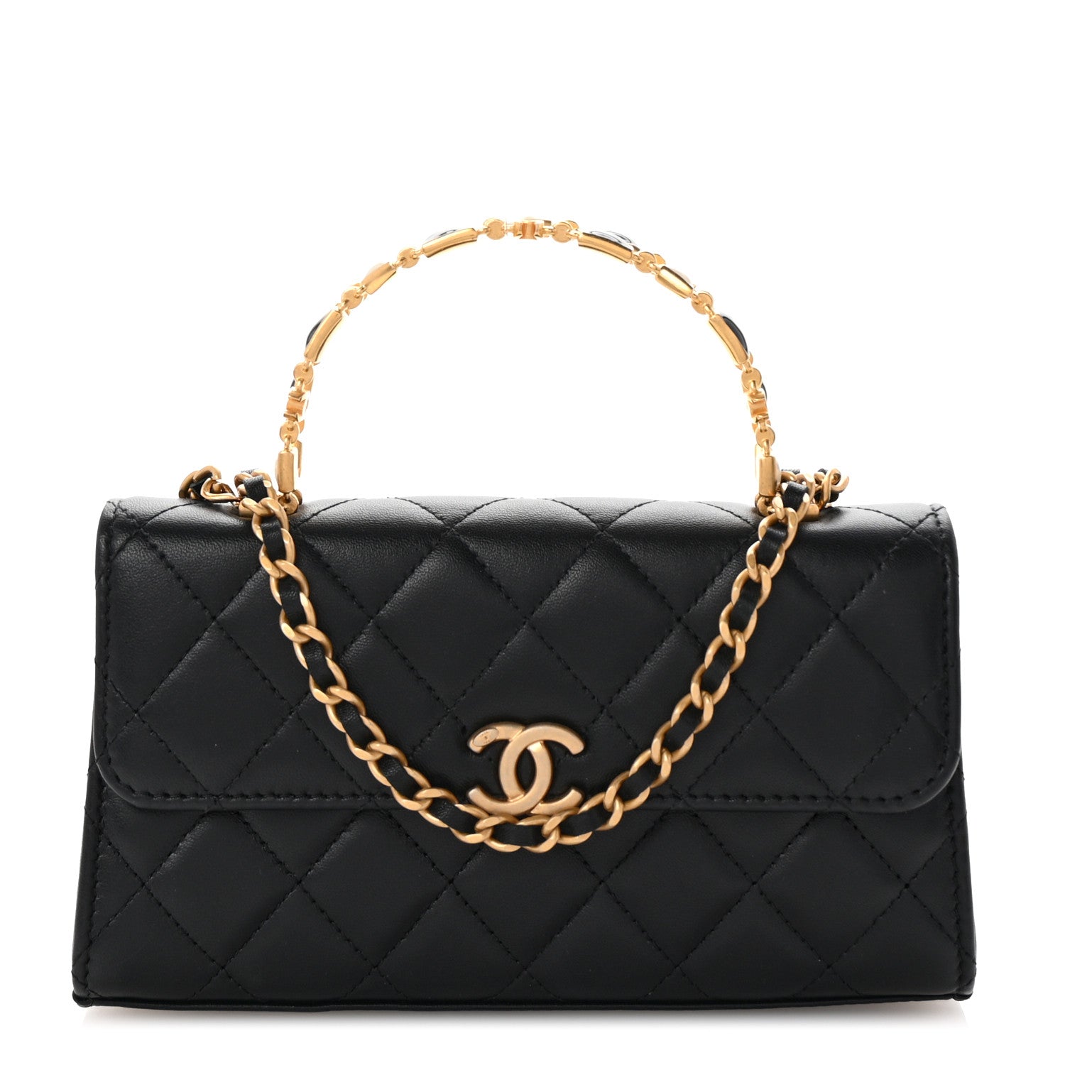 Chanel Lambskin Enamel Quilted Top Handle Flap Phone Holder With Chain Black 1 of 10