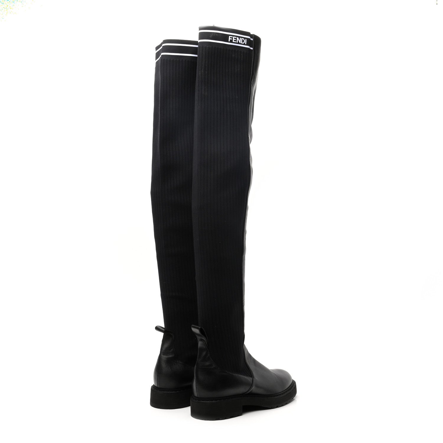 Fendi Nappa Stretch Fabric Logo Rockoko Thigh High Boots 36.5 Black White 4 of 7