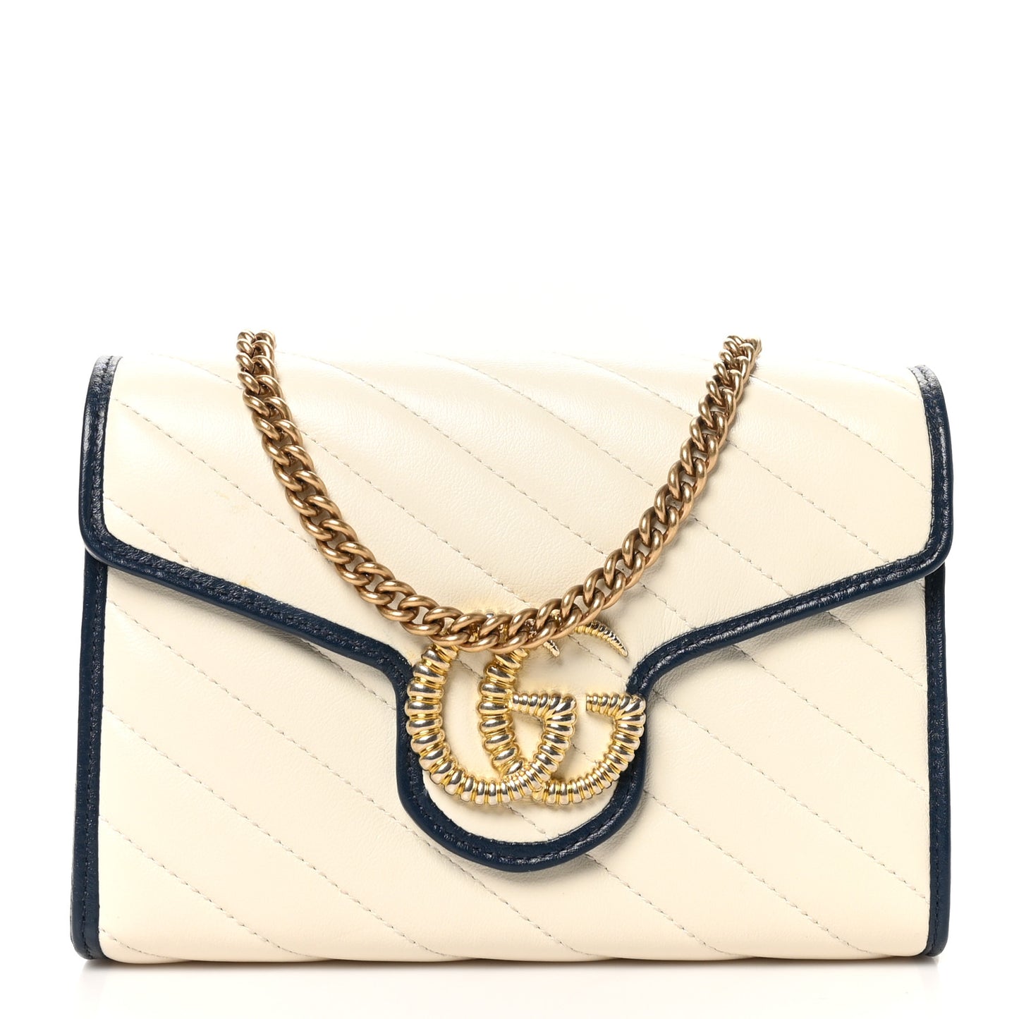 Vintage Effect Calfskin Matelasse Diagonal Torchon GG Marmont Chain Wallet Mystic White Blue Agata