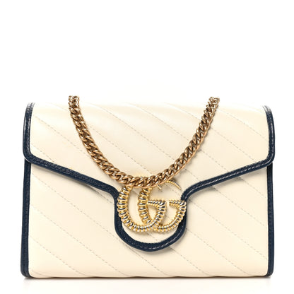 Gucci Vintage Effect Calfskin Matelasse Diagonal Torchon GG Marmont Chain Wallet Mystic White Blue Agata 1 of 10