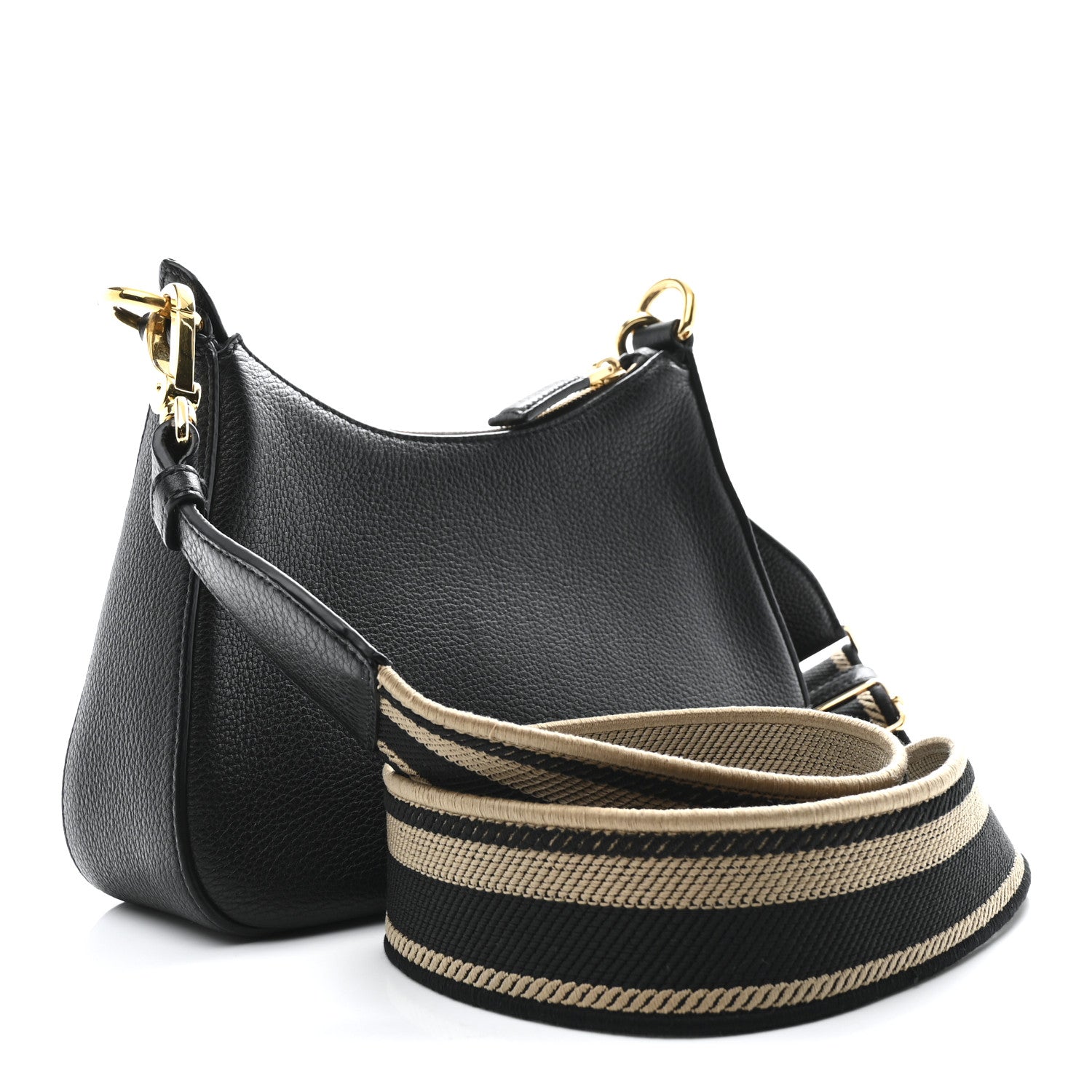 Prada Vitello Daino Soft Zippered Hobo Shoulder Bag Black 3 of 10