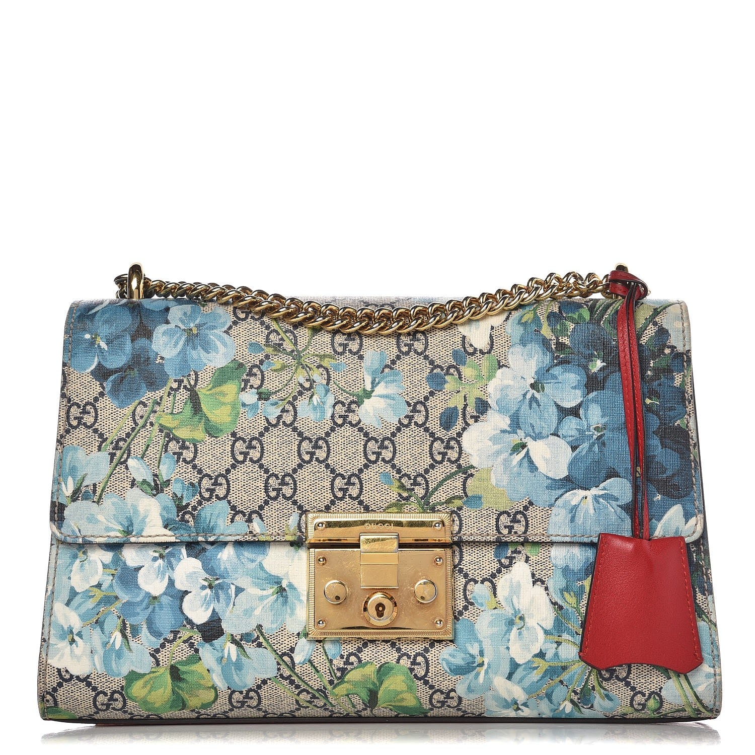 Gucci GG Supreme Monogram Blooms Medium Padlock Shoulder Bag Beige Blue Navy Hibiscus Red 1 of 9