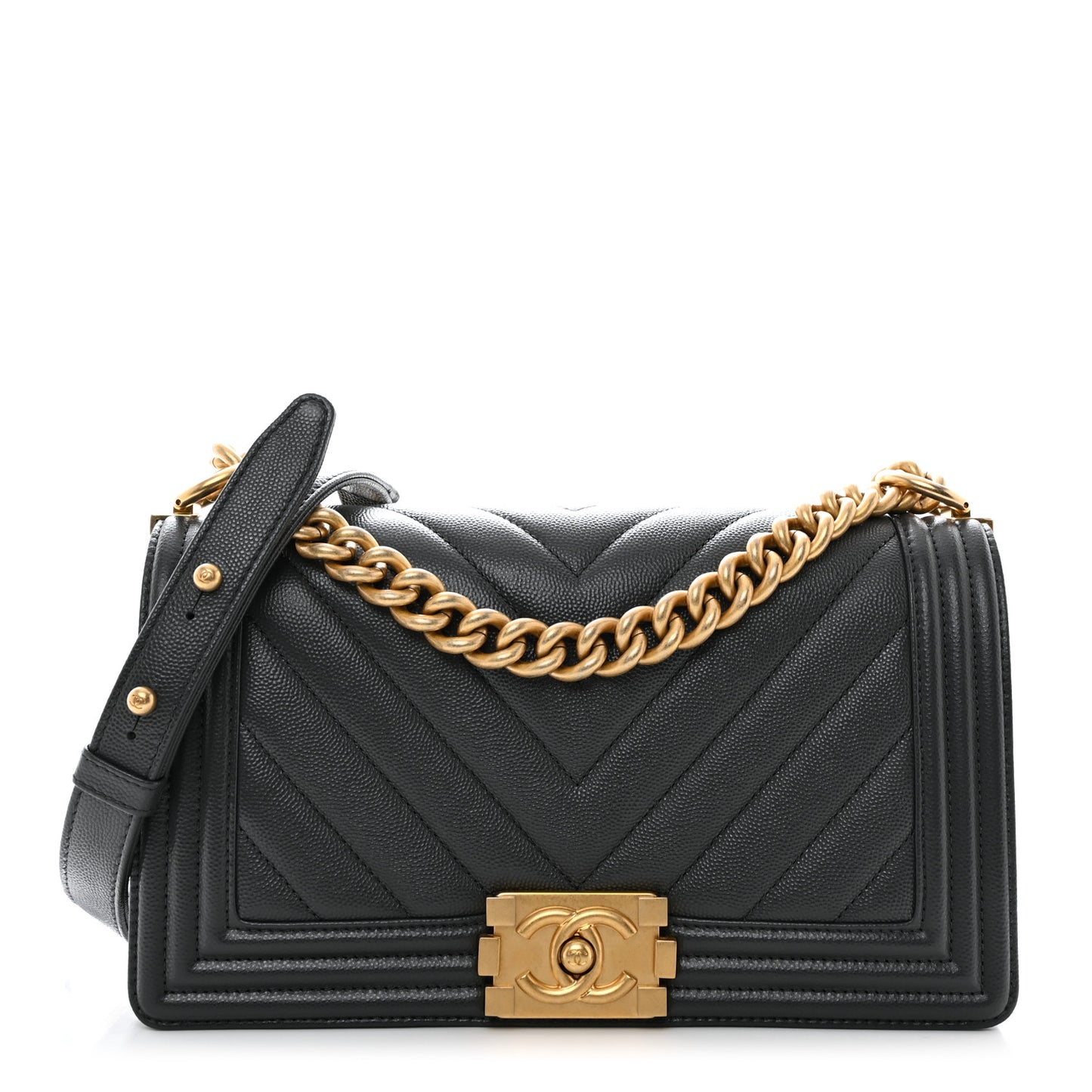 Caviar Chevron Quilted Medium Boy Flap Dark Grey