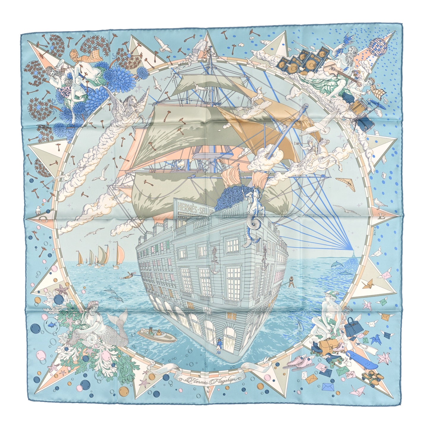 Silk Flagship Scarf 90 Bleu Ciel Vert De Gris Rose