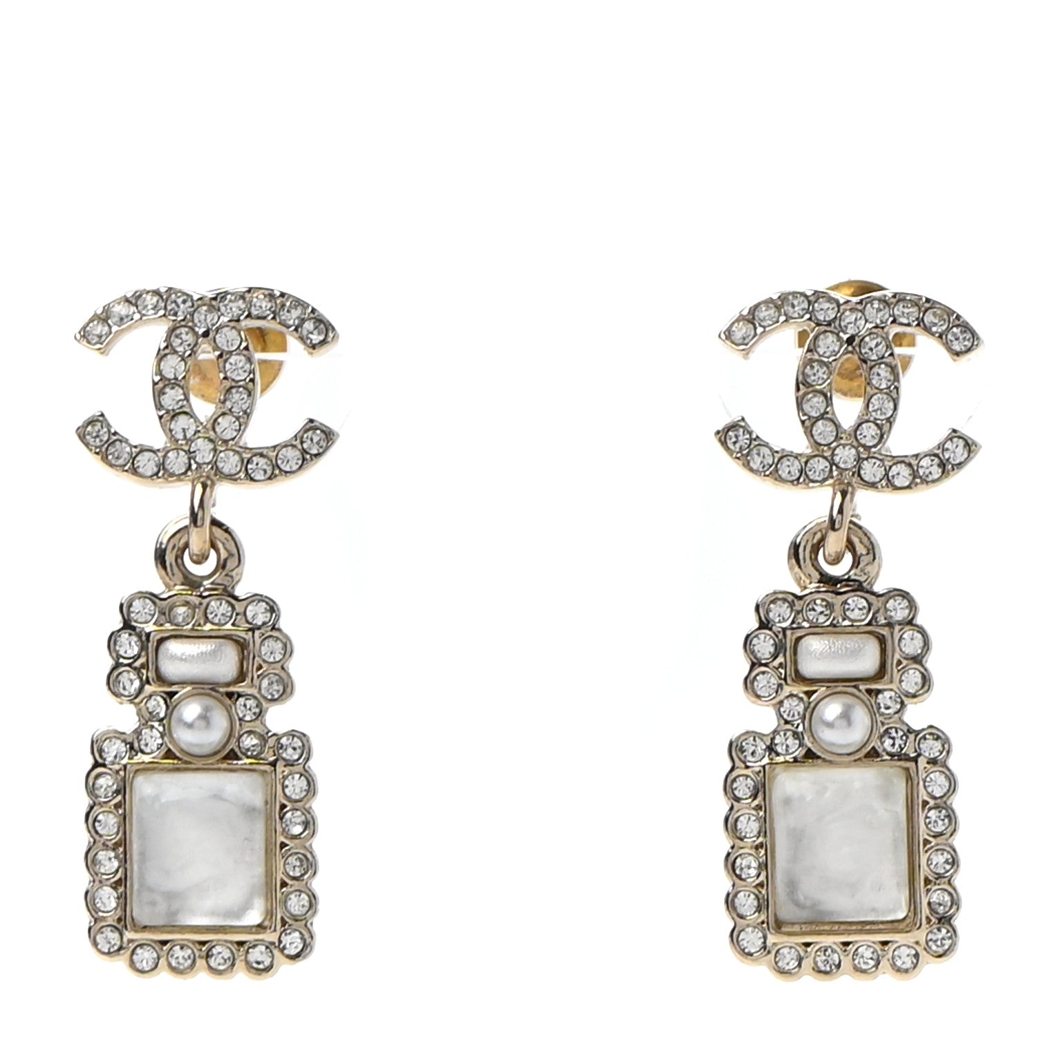 Chanel Crystal Pearl CC Drop Earrings Gold 1 of 6