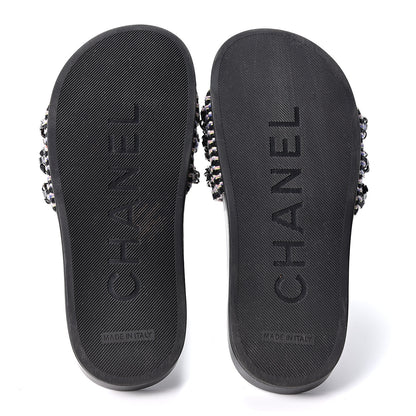 Chanel Tweed Lambskin Chain Flat Sandals 34 Black Multicolor 7 of 10