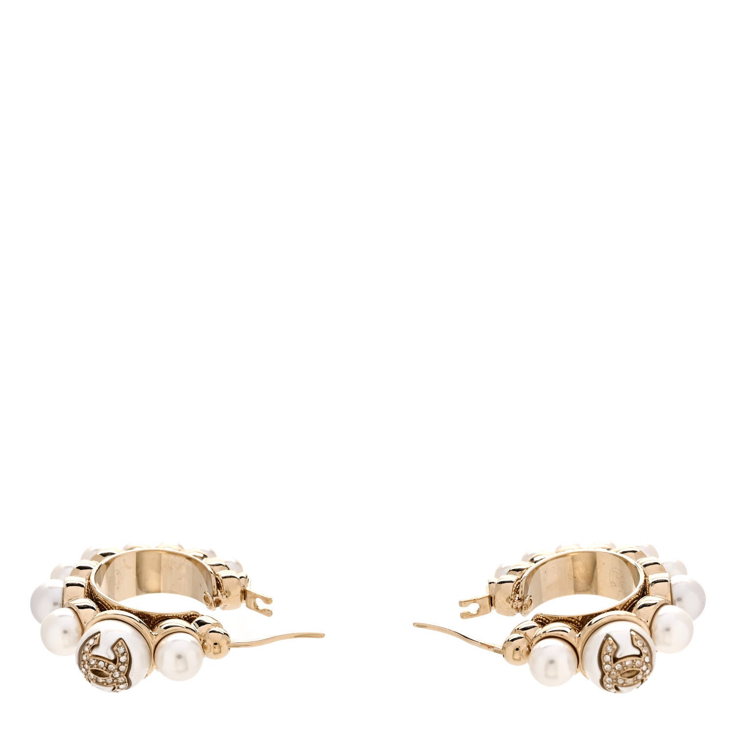 Chanel Pearl Crystal CC Hoop Earrings Gold 3 of 5