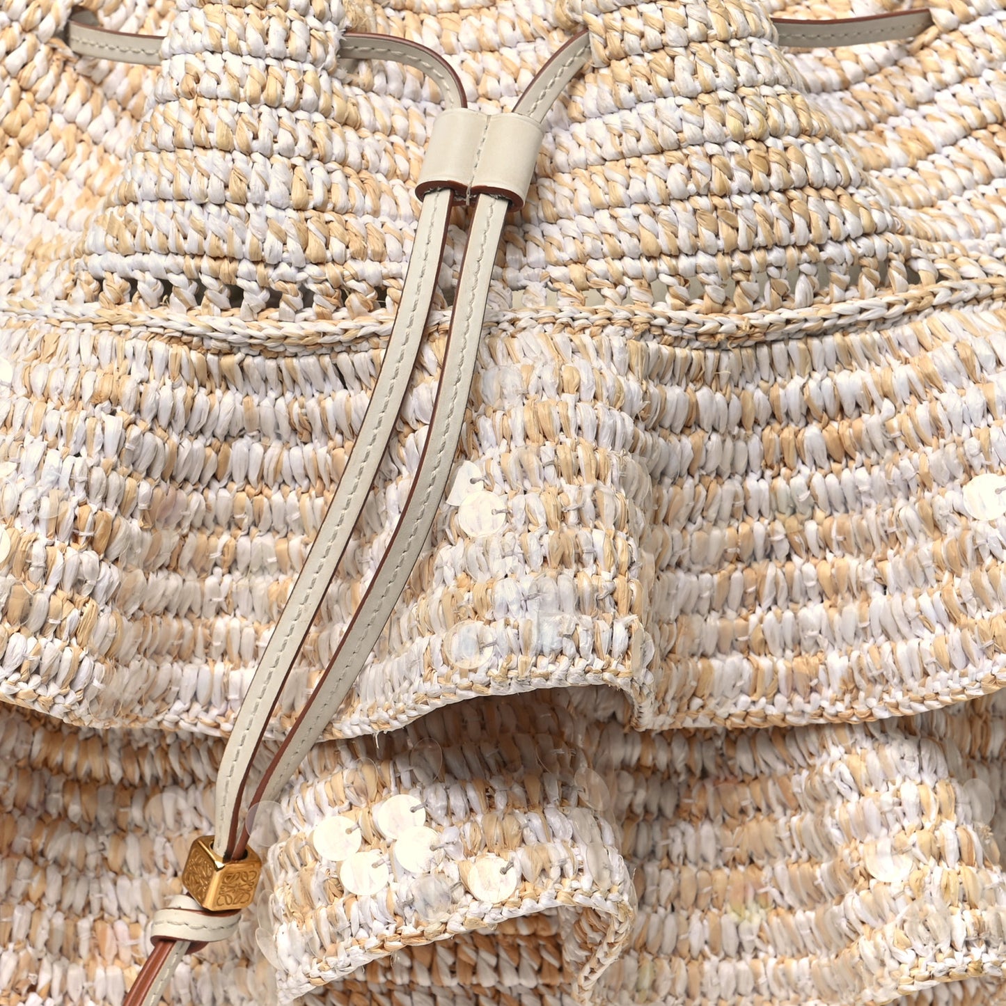 Raffia Calfskin Sequin Balloon Ruffles Bucket Bag Natural White