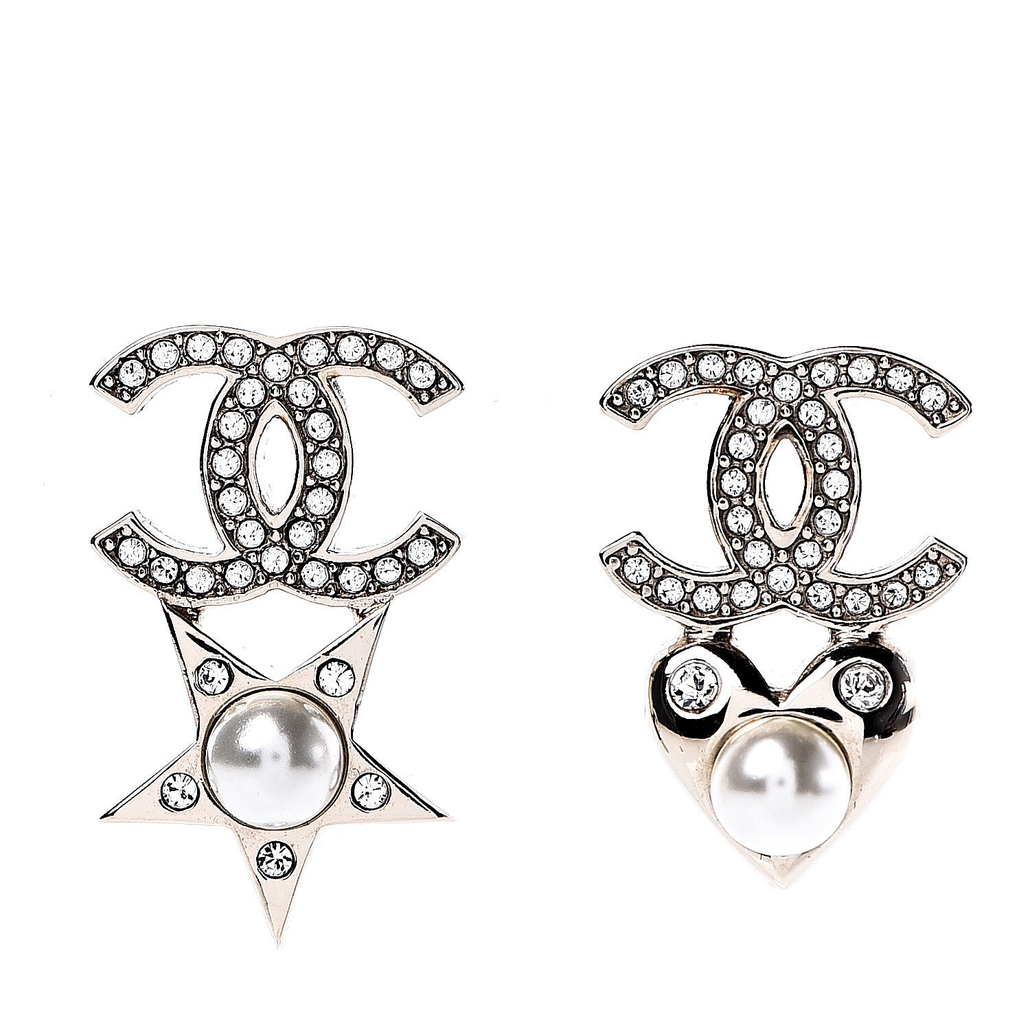 Chanel Crystal Pearl Charming Winter CC Star Heart Earrings Gold 1 of 4
