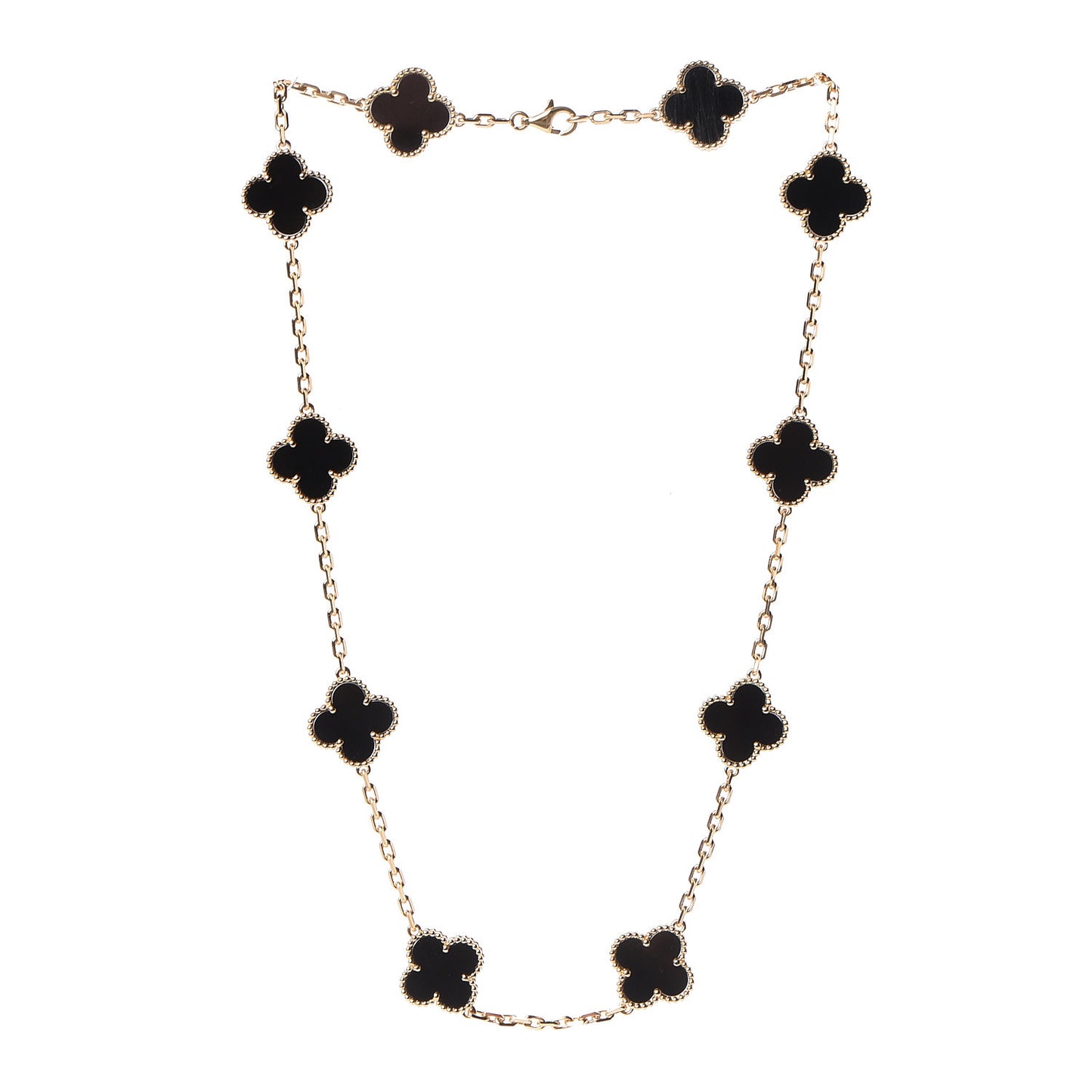 18K Yellow Gold Black Onyx 10 Motifs Vintage Alhambra Necklace