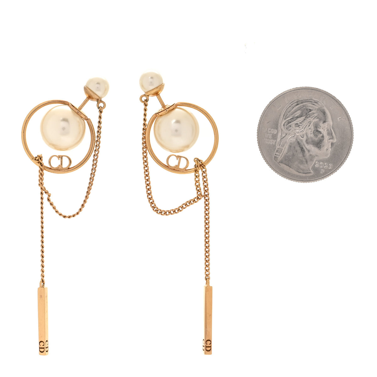 Christian Dior Pearl Tribales Dangle Chain Earrings Gold 2 of 4