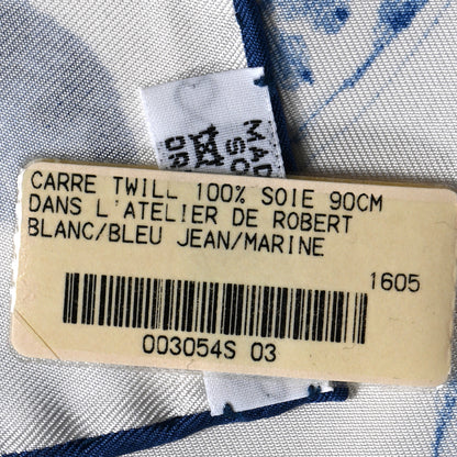 Hermes Silk Dans L'Atelier de Robert Scarf 90 White Bleu Jean Marine 3 of 5