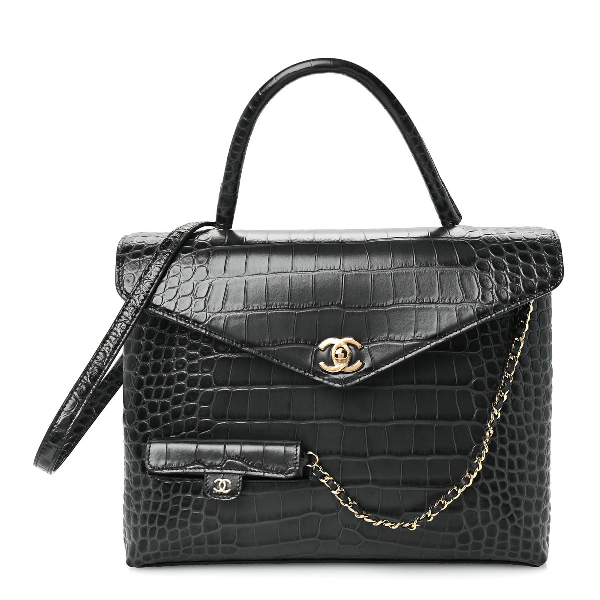 Calfskin Crocodile Embossed Fifth Avenue Maxi Flap Top Handle Bag Dark Grey