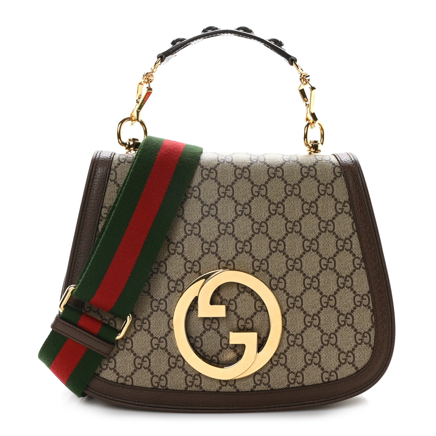 Gucci GG Supreme Monogram Textured Dollar Calfskin Web Medium Blondie Top Handle Shoulder Flap Bag Beige Ebony New Acero 1 of 10