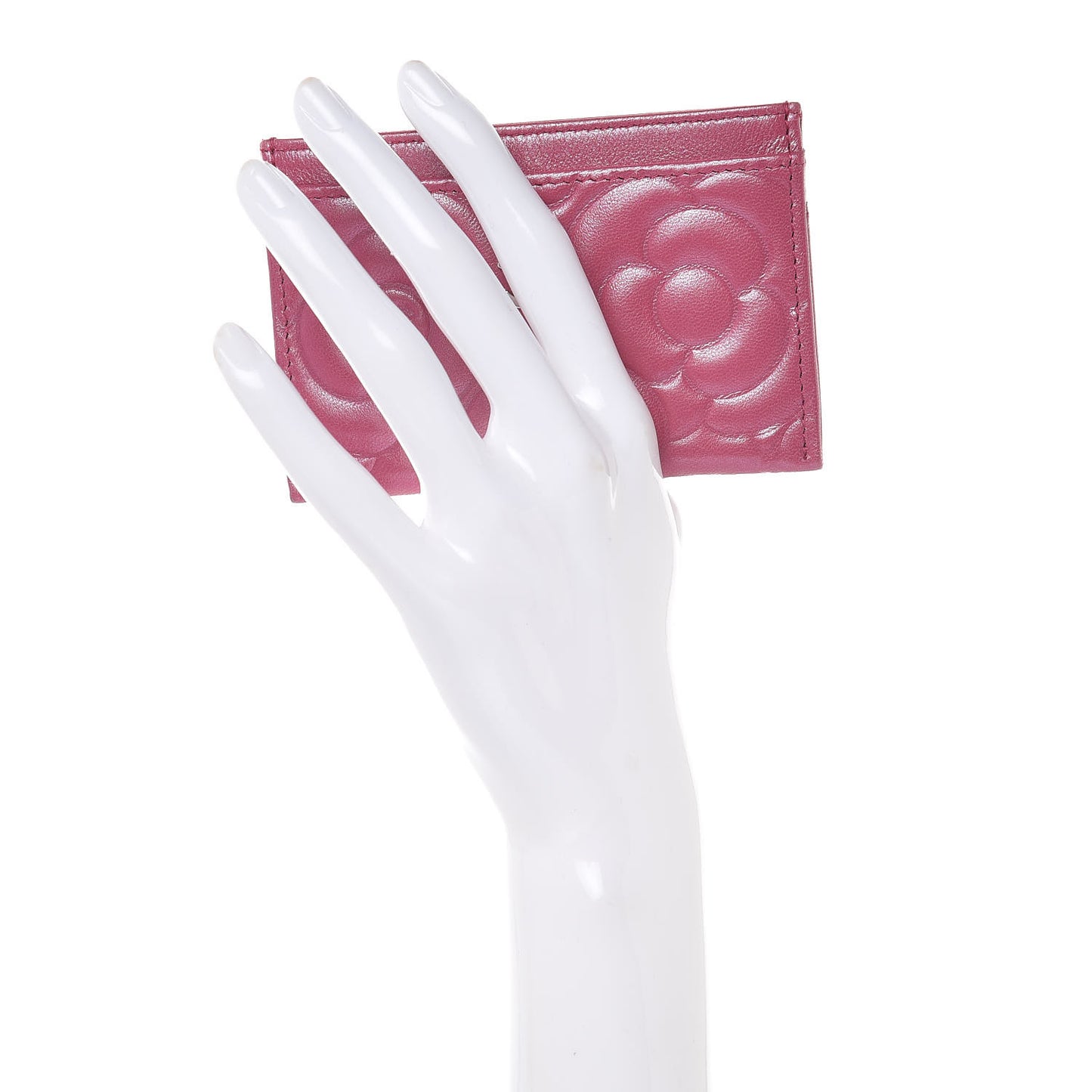 Metallic Lambskin Camellia Embossed Card Holder Fuchsia