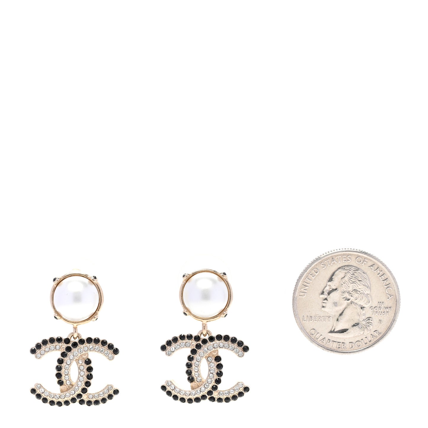 Pearl Crystal CC Drop Earrings Black Gold