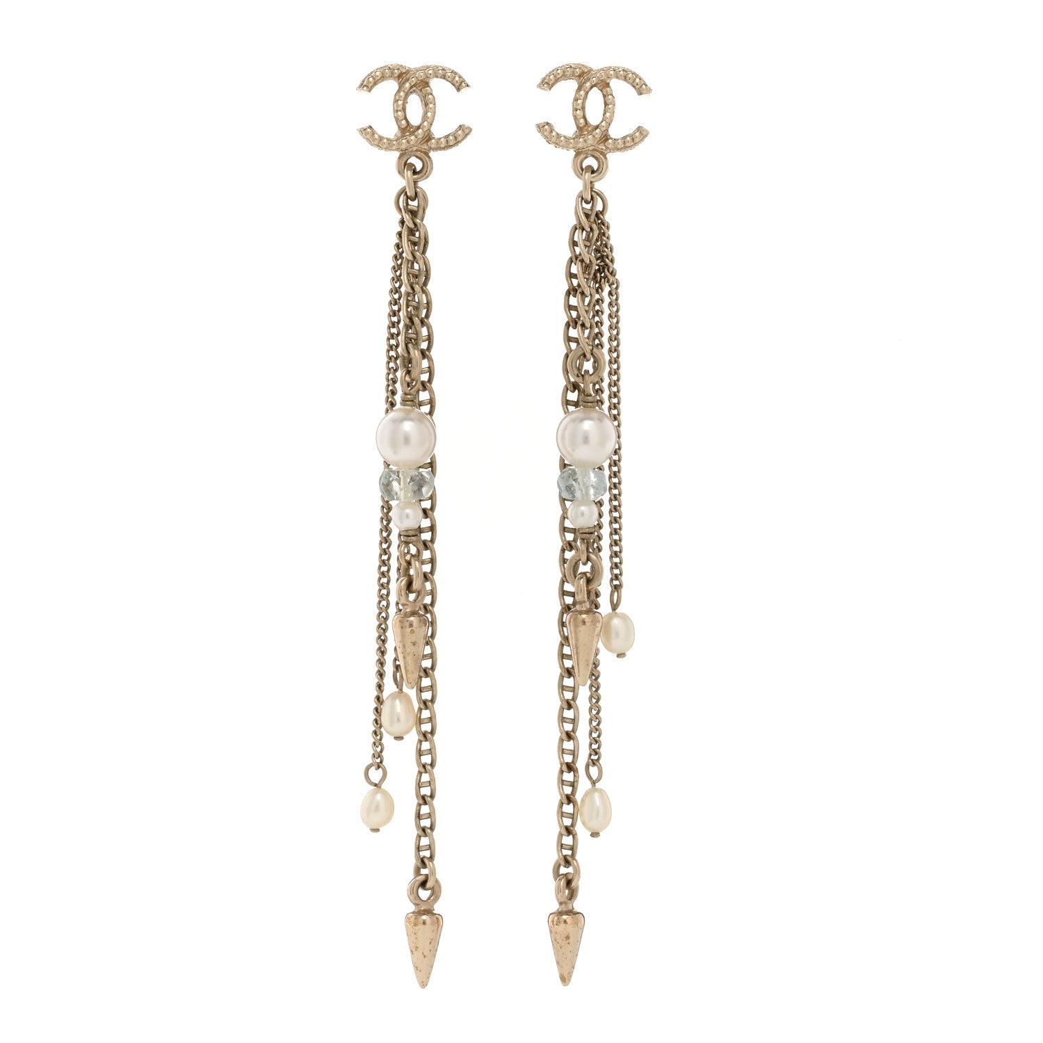 Chanel Chain Pearl CC Drop Earrings Light Gold 1 of 5